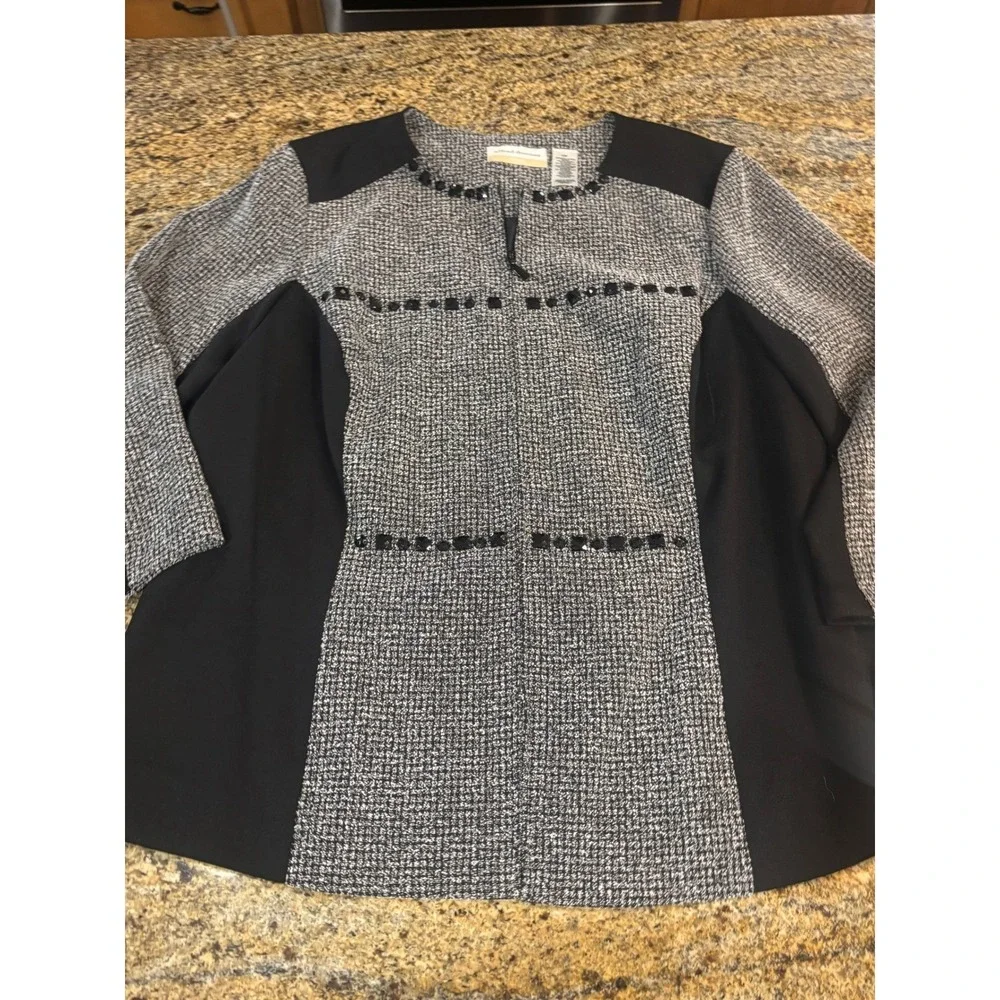 Alfred Dunner Woman‎ 16W Oscar Night Jacket Black White Tweed Beaded Zip Church